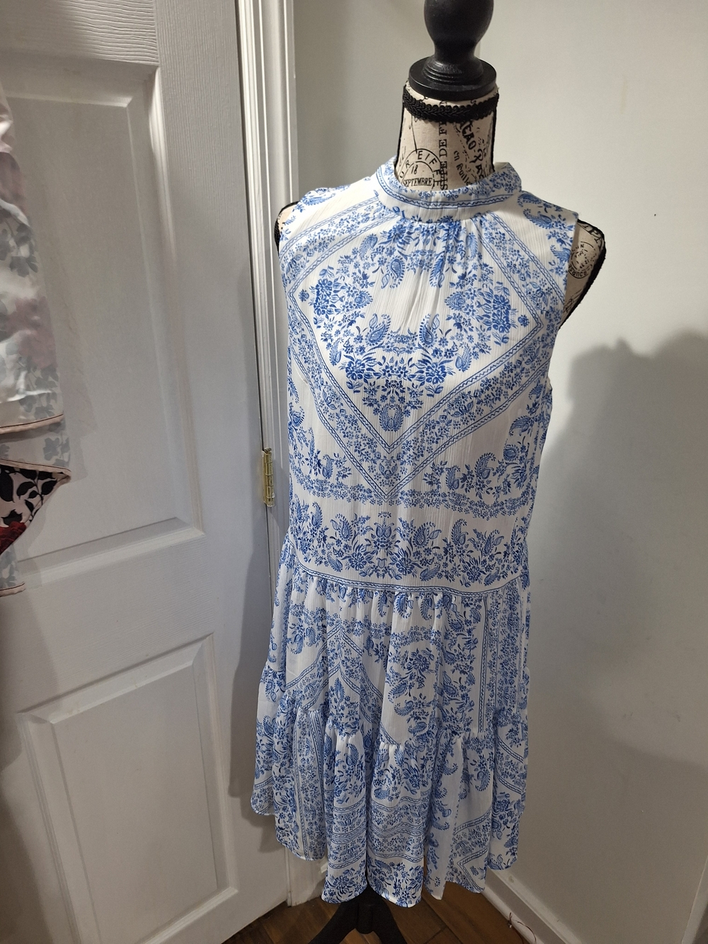 Calvin Klein White and Blue High-Neck Floral Mini Dress